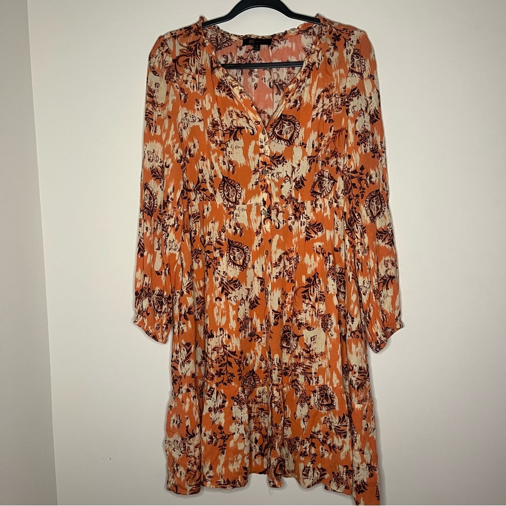 Frye Orange Floral Button Down Flowy Long Sleeve Dress